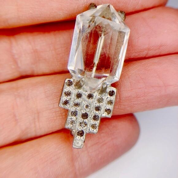 Antique Art Deco Paste Stone Brooch, Vintage 30s Glass Pin Pot Metal Geometric - Picture 2 of 6